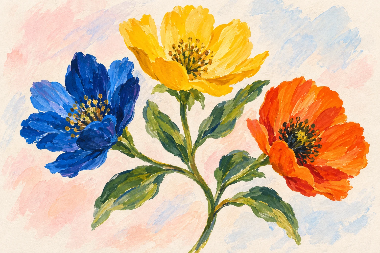 Three colorful wildflowers growing from one shared stem